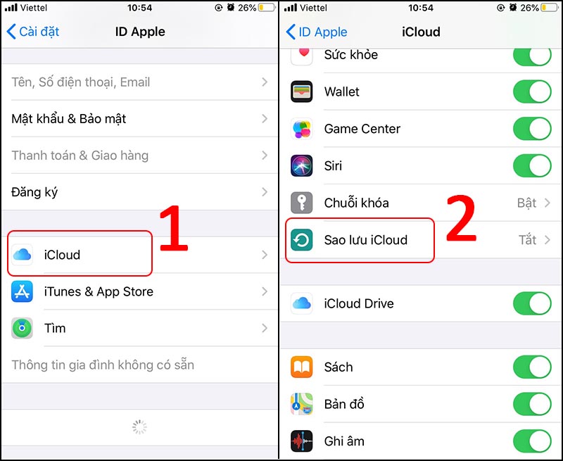 Chọn iCloud  Chọn Sao lưu iCloud.